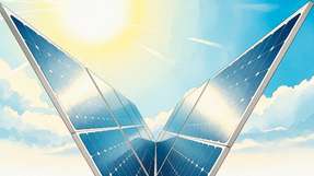 DAs PV-System steigert durch zweiachsiges Tracking des Sonnenstands die Energieausbeute und faltet sich bei Sturm, Hagel oder Schnee zusammen.