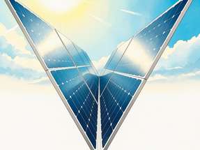 DAs PV-System steigert durch zweiachsiges Tracking des Sonnenstands die Energieausbeute und faltet sich bei Sturm, Hagel oder Schnee zusammen.