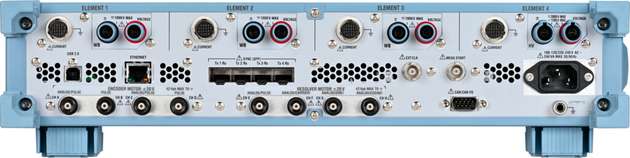 Die vollbestückte Rückseite des WT1500 verdeutlicht die Vielseitigkeit des Systems. Sie verfügt über vier Leistungsmodule – darunter Wide-Bandwidth- und High-Voltage-Varianten –, Encoder- und Resolver-Eingänge für Motoranalysen sowie SFP-Ports zur optischen Synchronisation mehrerer Geräte über Lichtwellenleiter.