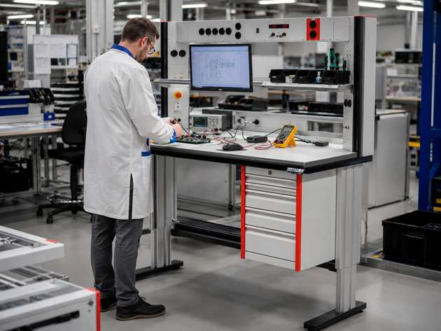 Elektrisch höhenverstellter TriMax-Arbeitsplatz: Steharbeit unterstützt Ergonomie, Konzentration und präzise Prüfprozesse.