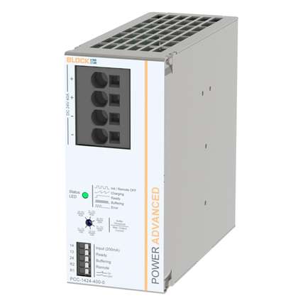 Das Puffermodul PCC-1424-400-0 von BLOCK überbrückt kurzzeitige Netzunterbrechungen in 24-Vdc-Anwendungen und schützt kritische Verbraucher vor Spannungseinbrüchen.