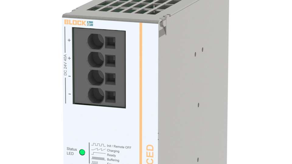 Das Puffermodul PCC-1424-400-0 von BLOCK überbrückt kurzzeitige Netzunterbrechungen in 24-Vdc-Anwendungen und schützt kritische Verbraucher vor Spannungseinbrüchen.