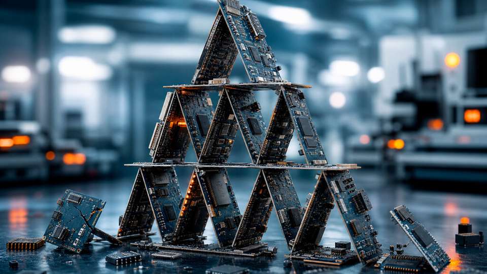 Das Kartenhaus aus elektronischen Bauteilen steht sinnbildlich für die angespannte Lage der Elektronikbranche: Besonders kleine Unternehmen weisen höhere Bilanz- und Ausfallrisiken auf.
