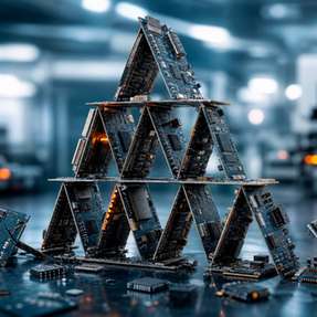 Das Kartenhaus aus elektronischen Bauteilen steht sinnbildlich für die angespannte Lage der Elektronikbranche: Besonders kleine Unternehmen weisen höhere Bilanz- und Ausfallrisiken auf.