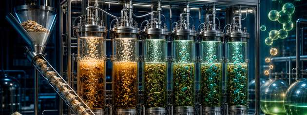 Ein Forschungsreaktor wandelt zucker- und stärkereiche Reststoffe aus der Lebensmittelindustrie durch dunkle Fermentation in biogenen Wasserstoff und Methan um.