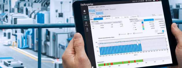 Produktionsdaten auf einen Blick: Die DataNavigateApp liefert Echtzeit-Einblicke in Maschinenperformance, Energieeffizienz und Anlagenverfügbarkeit direkt im Webbrowser.