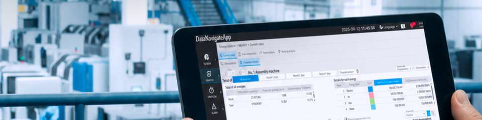 Produktionsdaten auf einen Blick: Die DataNavigateApp liefert Echtzeit-Einblicke in Maschinenperformance, Energieeffizienz und Anlagenverfügbarkeit direkt im Webbrowser.