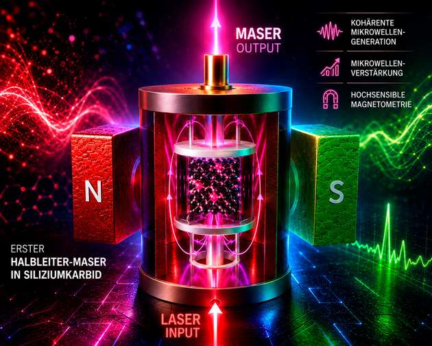 Ein Laser bringt Spins des Halbleiters Siliziumkarbid in einen angeregten Quantenzustand. Im Zusammenspiel mit Magnetfeld und Resonator entsteht daraus kohärente Mikrowellenstrahlung – die Grundlage für den weltweit ersten Halbleiter-Maser.