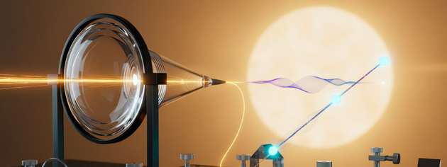 Ein Solarkonzentrator bündelt Sonnenlicht und leitet es über eine Faser in einen nichtlinearen Kristall, in dem verschränkte Photonenpaare entstehen.