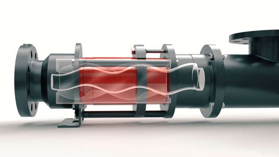 Die Exzenterschneckenpumpe HiCone von Vogelsang – hier ein Modell der kleineren Baugrößen – basiert auf einer konischen Rotor-Stator-Geometrie. Bei den kleineren Modellen wird der Stator über eine zentrale Schraube im laufenden Betrieb verschoben.