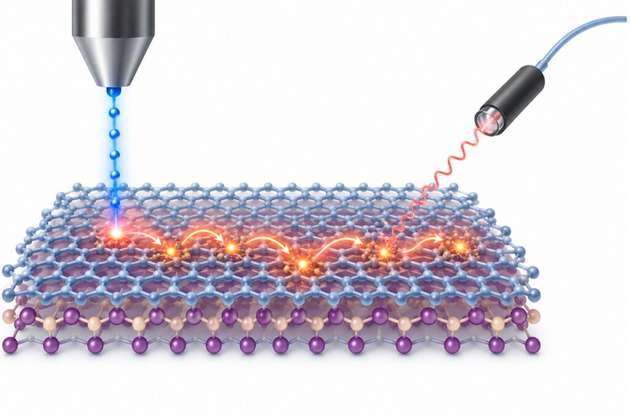Schematische Darstellung der Messmethode: Ein Elektronenstrahl regt das Material an, während eine optische Faser das entstehende Licht an verschiedenen Stellen aufnimmt.