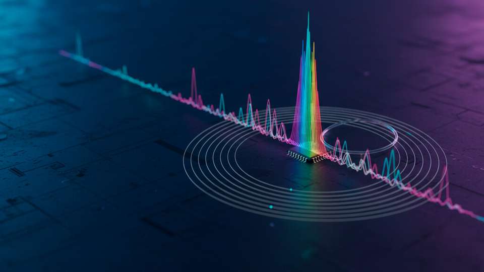 Warum der Vergleich mit dem „Regenbogen“? Wie ein Regenbogen besteht auch ein Mikrokamm aus vielen verschiedenen Lichtfrequenzen. In einem Regenbogen vermischen sich diese Frequenzen. In einem Mikrokamm sind die Frequenzen voneinander getrennt und präzise angeordnet – wie die Zinken eines Kamms. Das vom Mikrokamm in dieser Studie erzeugte Licht ist für das menschliche Auge unsichtbar.