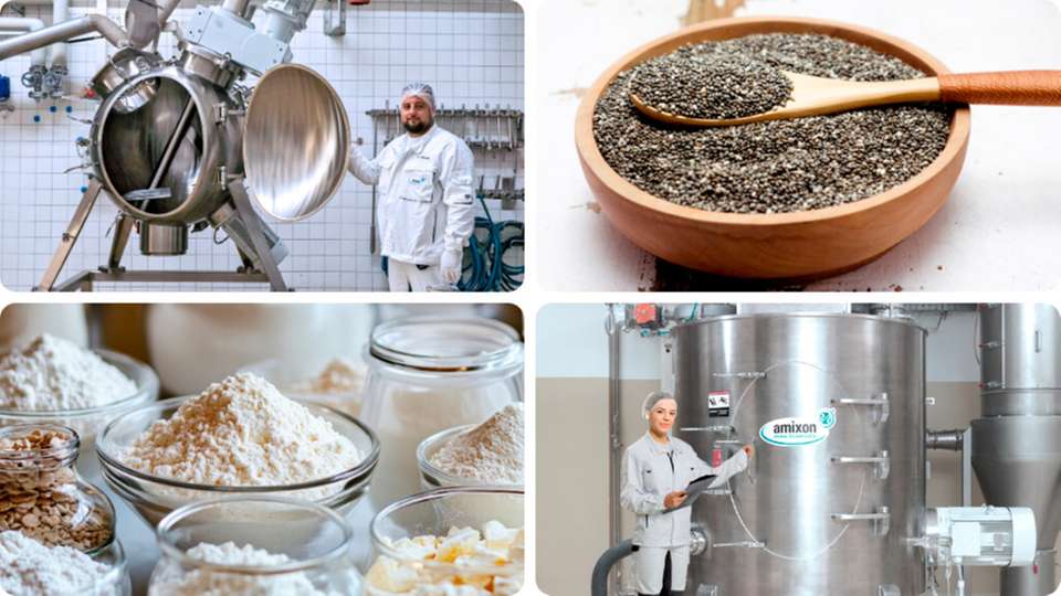 amixon Pulvermischer für Food Ingredients: Aromen, Stabilisatoren, Gewürze und funktionelle Zusatzstoffe werden schonend, hygienisch und reproduzierbar homogenisiert. Auch kleinste Komponenten und Flüssigkeiten lassen sich präzise in das Pulverbett einarbeiten.
