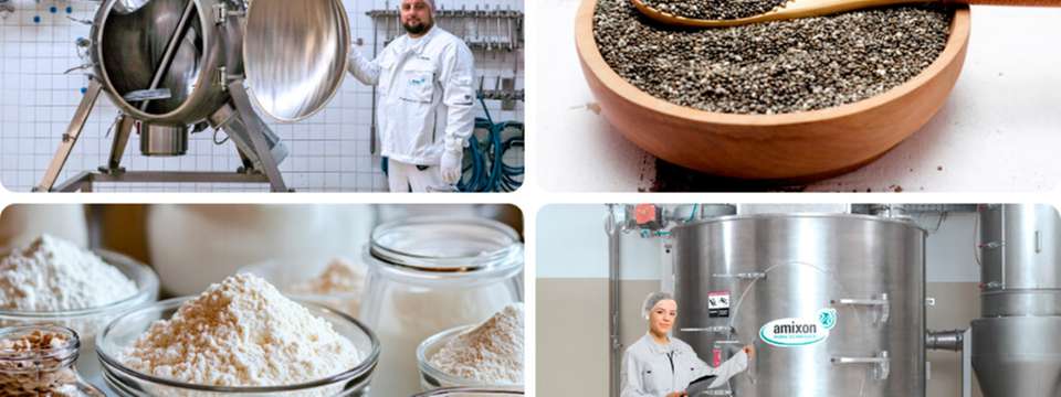 amixon Pulvermischer für Food Ingredients: Aromen, Stabilisatoren, Gewürze und funktionelle Zusatzstoffe werden schonend, hygienisch und reproduzierbar homogenisiert. Auch kleinste Komponenten und Flüssigkeiten lassen sich präzise in das Pulverbett einarbeiten.