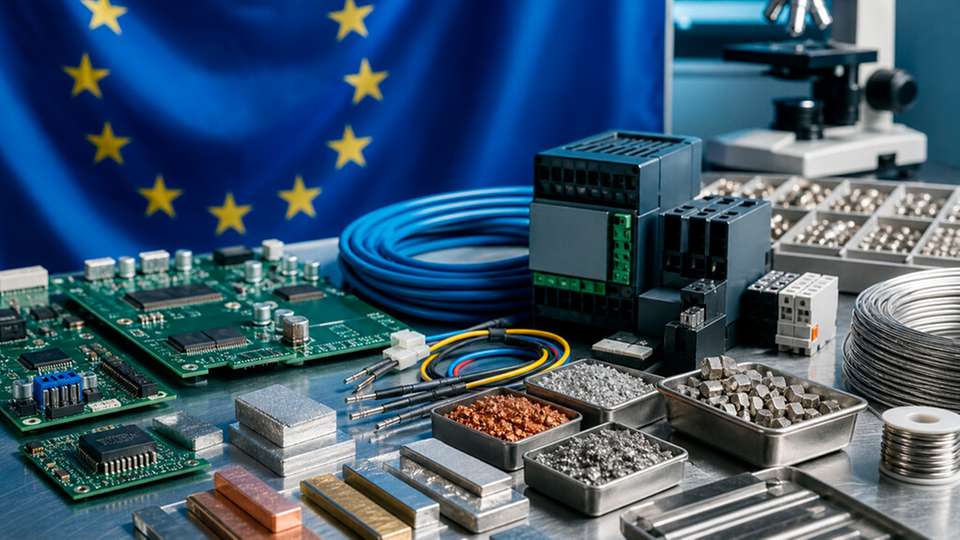 Elektronische Bauteile und Leiterplatten vor einer Europaflagge als Symbol für RoHS-Anforderungen und Compliance-Prüfungen.