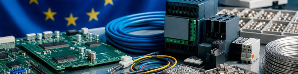 Elektronische Bauteile und Leiterplatten vor einer Europaflagge als Symbol für RoHS-Anforderungen und Compliance-Prüfungen.