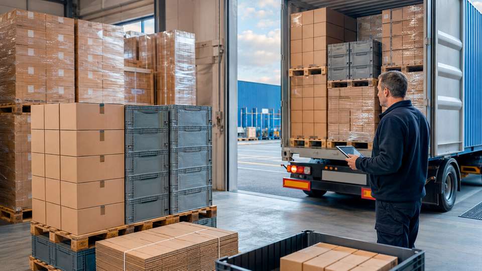 Kartons und Mehrwegbehälter auf Paletten vor einem beladenen Lastwagen im Logistiklager.