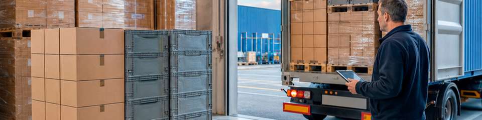 Kartons und Mehrwegbehälter auf Paletten vor einem beladenen Lastwagen im Logistiklager.
