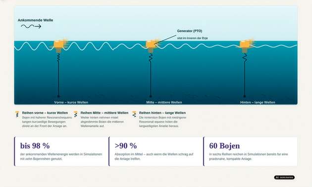 Wie eingestuftes Bojensystem Wellenergie effizient einfängt: Statt identisch abgestimmter Anlagen setzen Forschende auf mehrere Reihen schwimmender Bojen, die jeweils auf einen eigenen Wellenlängenbereich reagieren.
