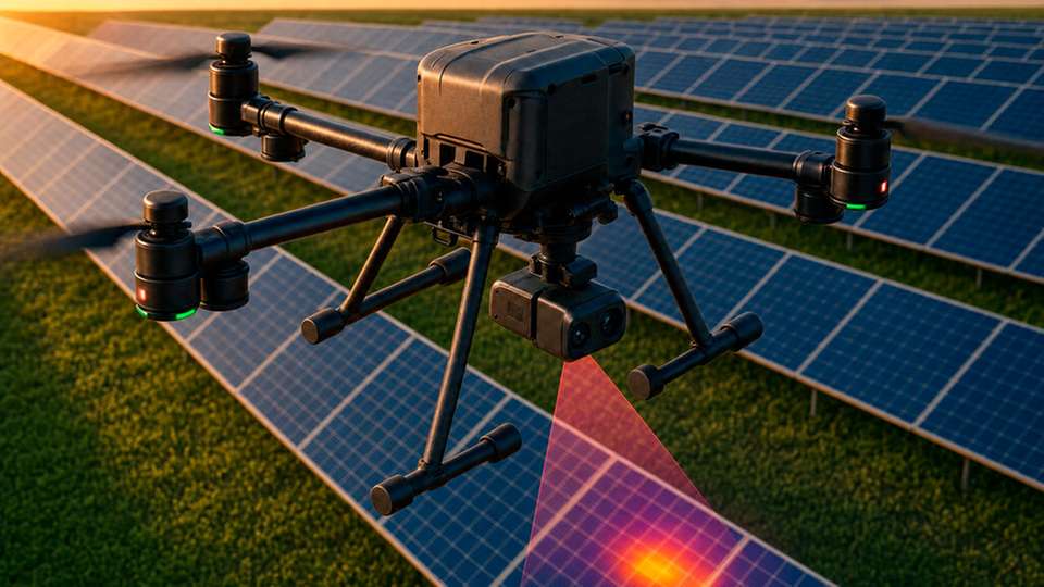 Mithilfe von Infrarot-Drohnen können Hotspots und ausgefallene Strings in großflächigen Solarparks lokalisiert werden.