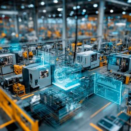 Digitale Darstellung einer vernetzten Produktionsanlage mit Maschinen, Datenmodellen und durchgängiger Datennutzung.