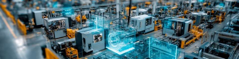 Digitale Darstellung einer vernetzten Produktionsanlage mit Maschinen, Datenmodellen und durchgängiger Datennutzung.