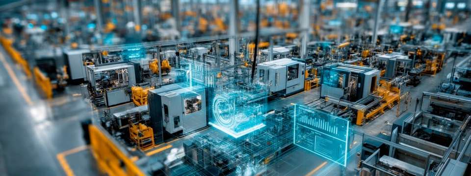 Digitale Darstellung einer vernetzten Produktionsanlage mit Maschinen, Datenmodellen und durchgängiger Datennutzung.