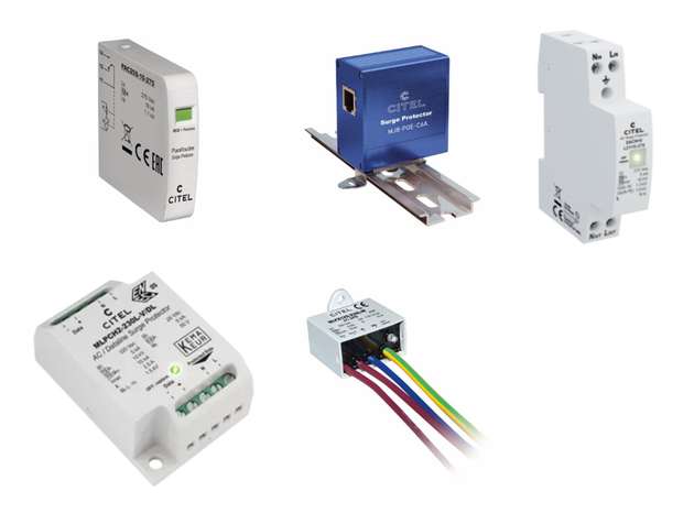 Unterschiedliche Bauformen von SPDs für Netz- und Datenleitungen für die Hutschiene, den Geräteeinbau und die Platinenmontage.