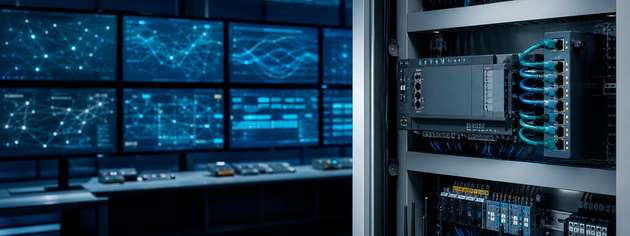 Vernetzte Industriekomponenten und Monitore zur Überwachung von IT/OT-Systemen und digitalen Sicherheitsprozessen.