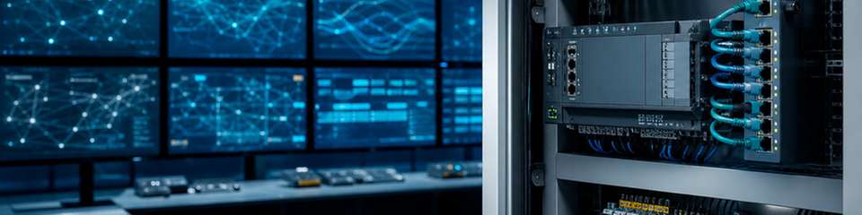 Vernetzte Industriekomponenten und Monitore zur Überwachung von IT/OT-Systemen und digitalen Sicherheitsprozessen.