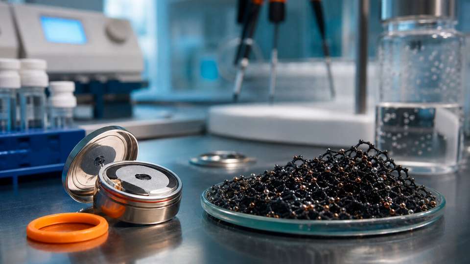 Elektrochemische Testzelle und Katalysatormaterial für die Entwicklung wiederaufladbarer Zink-Luft-Batterien.
