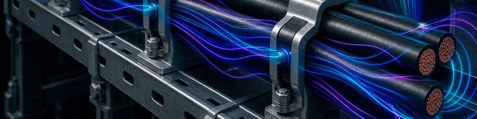 Robuste Kabelklemmen halten Starkstromkabel auch bei den elektromagnetischen Kräften eines Kurzschlusses sicher in Position.