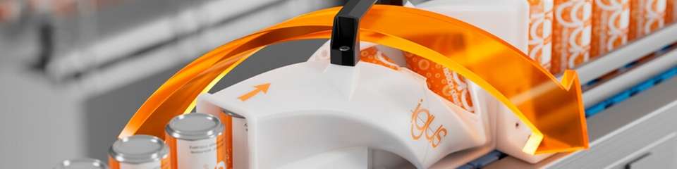 Der 3D-gedruckte Produktwender mit verdrehter Führungskontur ist für Dosen auf Förderbändern geeignet.