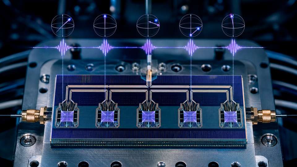 Fünf Silizium-Spin-Qubits werden über eine gemeinsame Mikrowellenleitung parallel gesteuert – ein Schritt hin zu skalierbaren Quantenprozessoren.