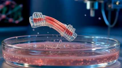Ein biohybrider Aktuator aus gezüchtetem Muskelgewebe und Hydrogel-Gerüst führt eine sichtbare Bewegung aus. Theoretisch können solche Systeme springen, schwimmen und greifen.