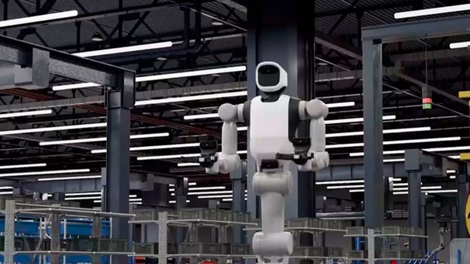 Simulierte Darstellung des Proof-of-Concept, bei dem die Sequenzierung von Bauteilen im Audi-Werk Ingolstadt mithilfe mobiler humanoider Roboter automatisiert werden soll.