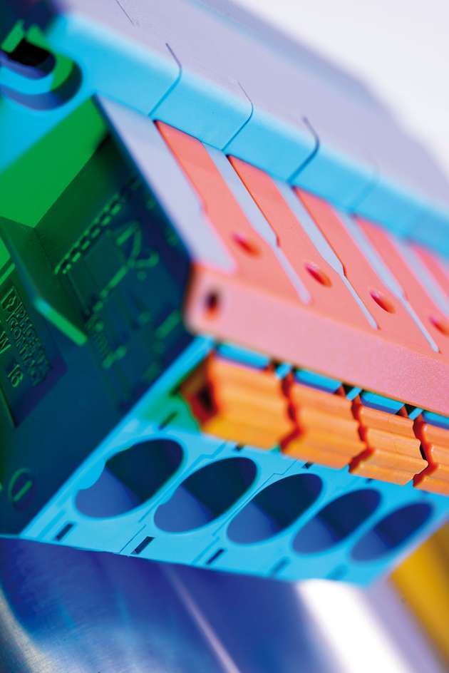 Safely through the panel: The PLW 16 panel feed-through terminal blocks from Phoenix Contact transmit high currents safely and conveniently through panels – push-lock connection technology enables conductors to be connected quickly and easily.
