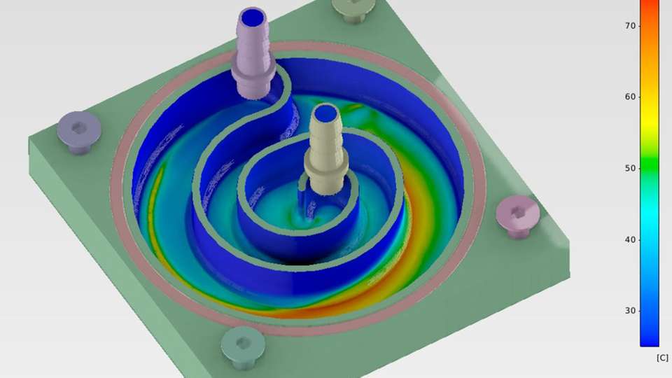 Konturen der Temperatur auf einem CPU-Wasserkühler – dieser Fall wurde gelöst mit Ansys AIM und konjugierter Wärmeübertragung.