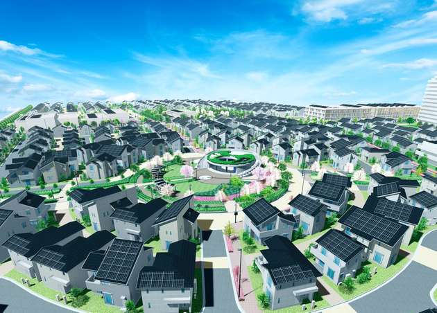 Fujisawa Sustainable Smart Town: Der Stadtteil ist um einen zentralen Platz geplant, dem Wellness Square, wobei die Anordnung der Häuser dafür sorgt, dass die Sonnenenergie optimal genutzt werden kann.