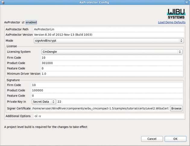 CodeMeter-AXProtector-Plugin zur Festlegung der Verschlüsselung, Signatur und Zertifikatskette in der Eclipse-basierten Wind River Workbench