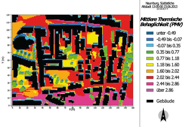 Klimasimulation: Hitzeempfinden im Altstadtbereich der historischen Innenstadt von Naumburg (Saale). Die Skala reicht von -3 „sehr kalt“ über 0 „optimal“ bis 3 „sehr heiß“.