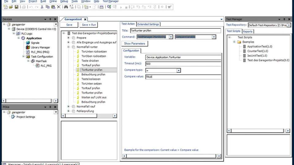 Der Codesys Test Manager ist ein vollständig im IEC61131-3-Programmiersystem integrierter Manager/Interpreter für Testskripte.