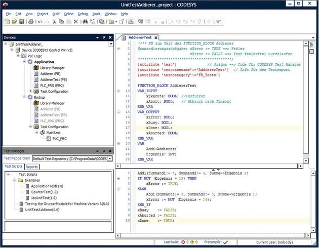 Der Unit-Test wird in den Sprachen der IEC 61131-3 erstellt und automatisch durch den Codesys Test Manager ausgeführt.