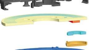 Der Aufbau eines Hochtemperatur-HF-RFID-Transponders für 250 °C (von oben): Abdeckung, Inlay mit integrierter Antenne (grün) und Chip (rot), Chipgehäuse (grün+gelb)