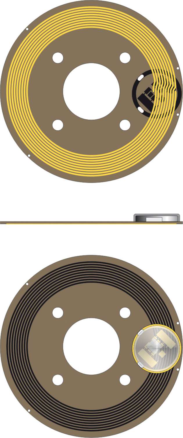 Drei Ansichten des RFID-Transponders: Inlay-Seite mit eingebetteter Antenne; Querschnitt durch das Transponder-Inlay; Inlay-Seite mit integriertem Schaltkreis