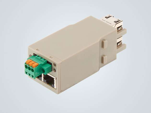 Der Han-Modular Switch US4 ist standardmäßig als Doppel-Modul ausgeführt. Die grünen Klemmanschlüsse dienen der Versorgung des Moduls.