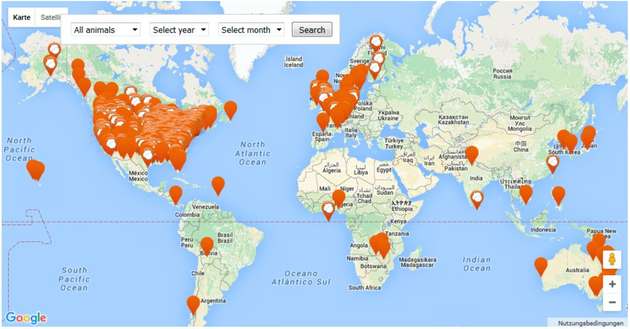 Auf der Weltkarte sind alle bestätigten Stromausfälle durch Tiere markiert.