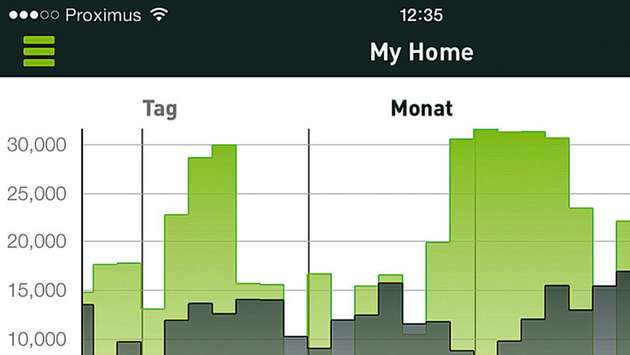 Energiemonitor: Während der monatliche Stromverbrauch (grau) konstant verläuft, weist die Solarstromproduktion (hellgrün) Spitzen auf.