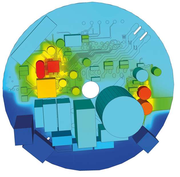 Das Modell zeigt die lokalen Oberflächentemperaturen auf der Platine. Nur die thermisch und strömungsrelevanten Komponenten sollten in die Simulation einbezogen werden.