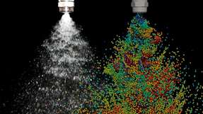 Eine sprühende Vollkegeldüse: links im Experiment, rechts in der Simulation